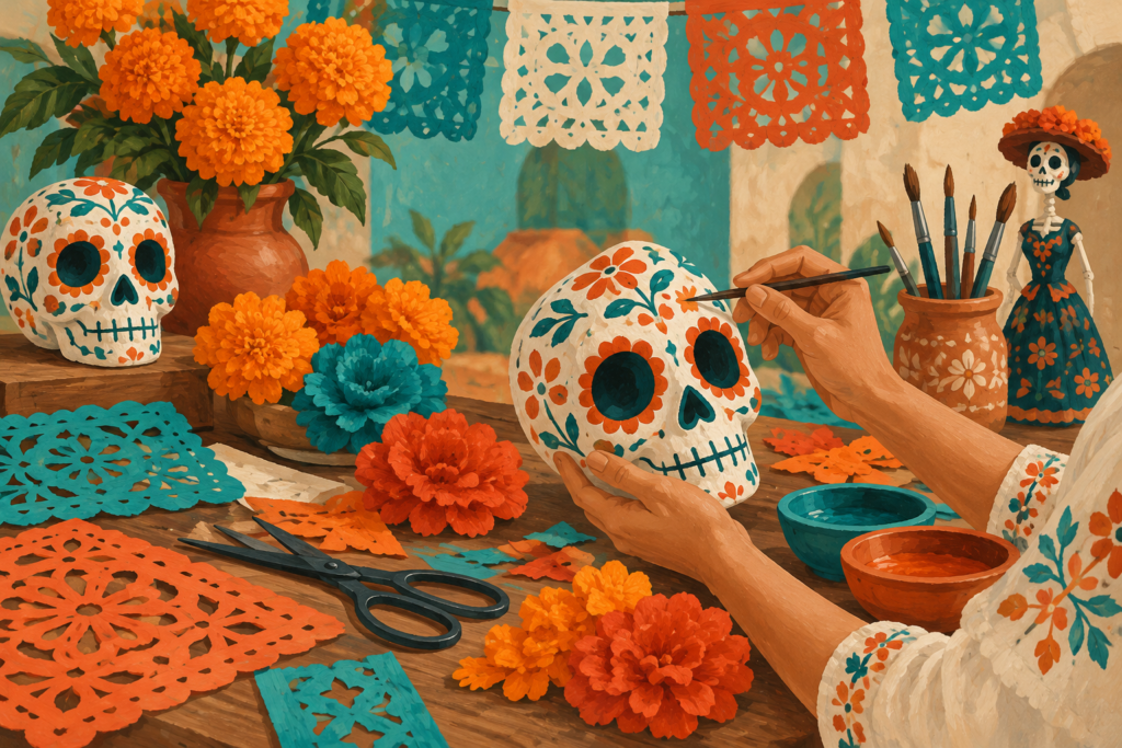 Ilustración conceptual de un taller con calaveras decorativas, flores y papel picado. Generada con inteligencia artificial.