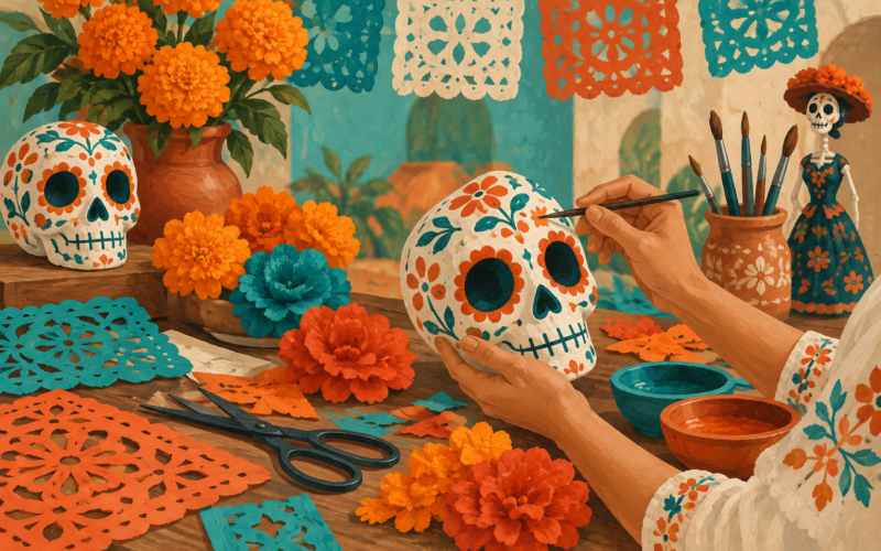 Ilustración conceptual de un taller con calaveras decorativas, flores y papel picado. Generada con inteligencia artificial.