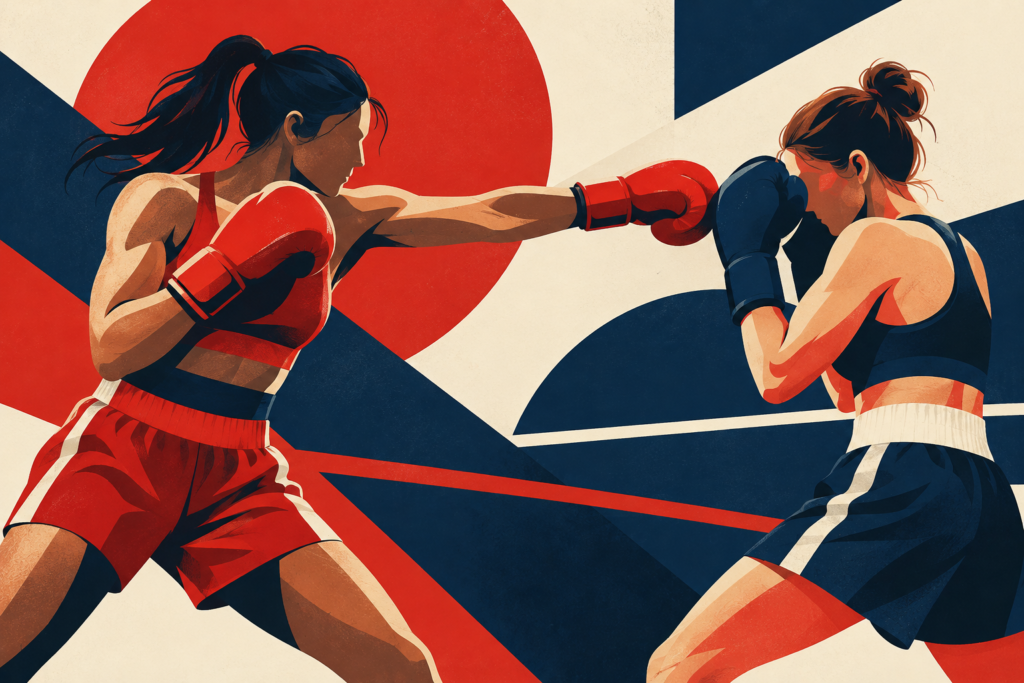 Ilustración conceptual de dos boxeadoras anónimas entrenando. Generada con inteligencia artificial.