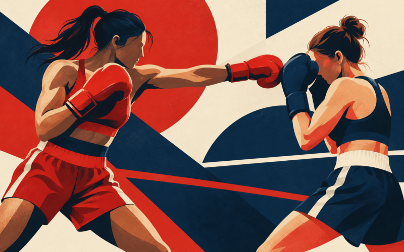 Ilustración conceptual de dos boxeadoras anónimas entrenando. Generada con inteligencia artificial.