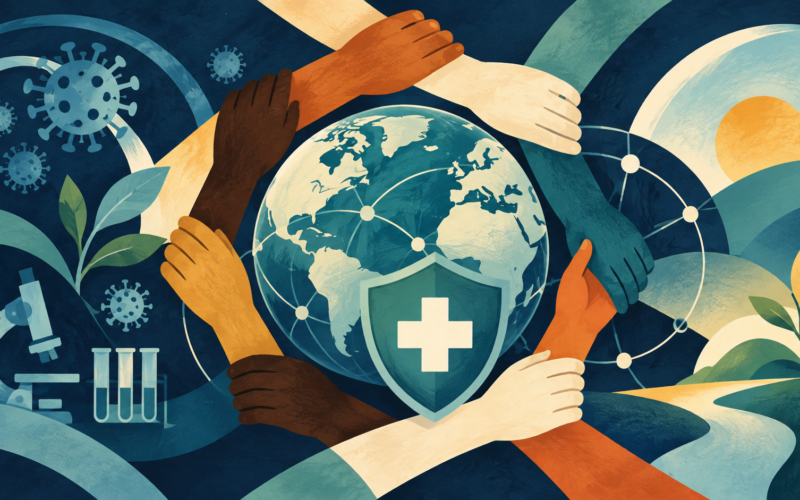Ilustración generada con inteligencia artificial: cooperación internacional y preparación sanitaria frente a pandemias.