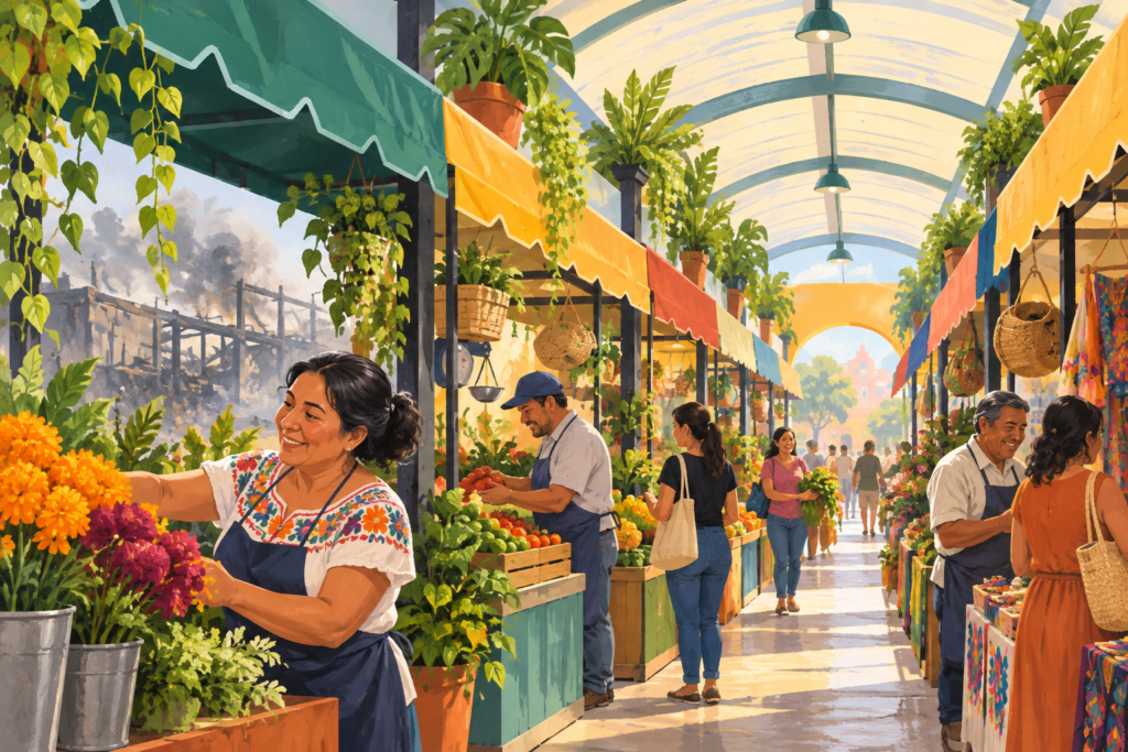 Ilustración conceptual generada con inteligencia artificial de comerciantes y puestos de un mercado.