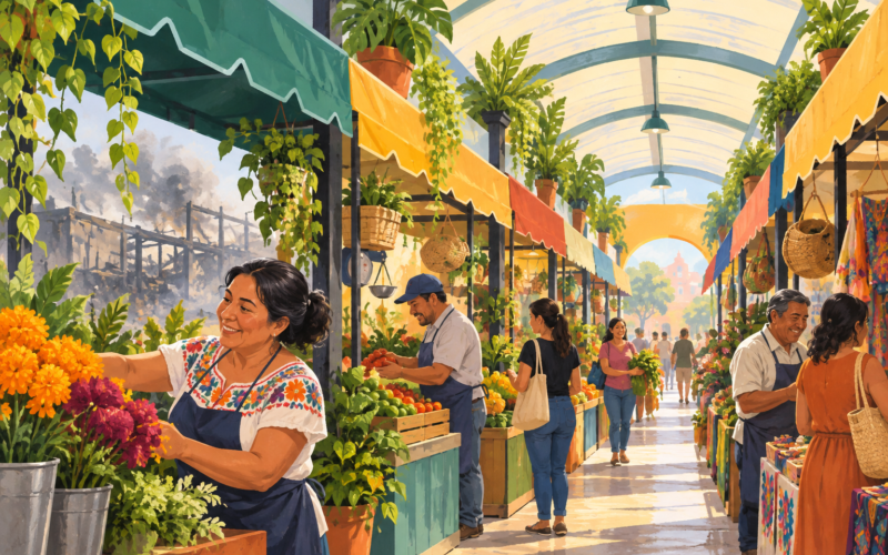 Ilustración conceptual generada con inteligencia artificial de comerciantes y puestos de un mercado.