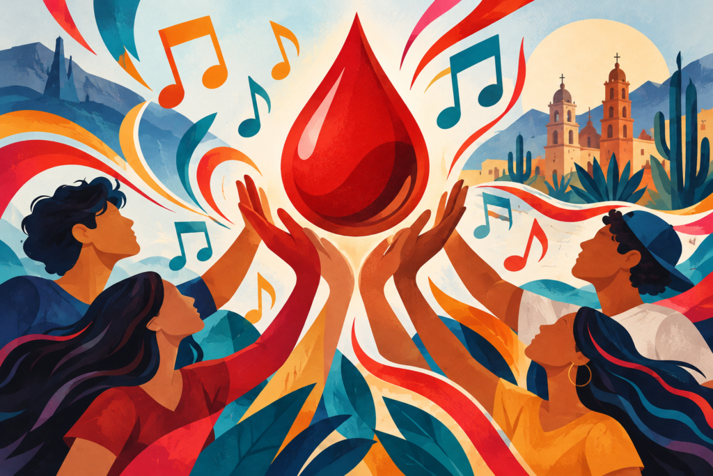 Ilustración conceptual generada con inteligencia artificial de una gota de sangre y notas musicales.