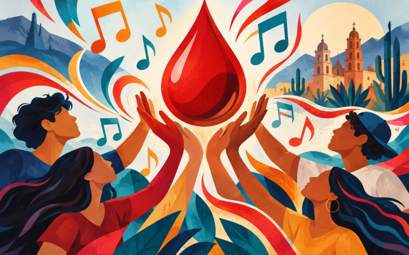 Ilustración conceptual generada con inteligencia artificial de una gota de sangre y notas musicales.
