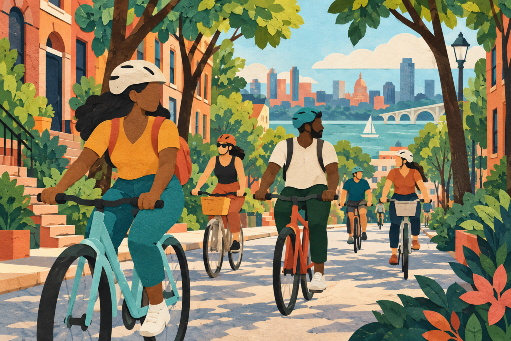 Ilustración conceptual de un grupo de personas que recorren en bicicleta una calle arbolada. Generada con inteligencia artificial.