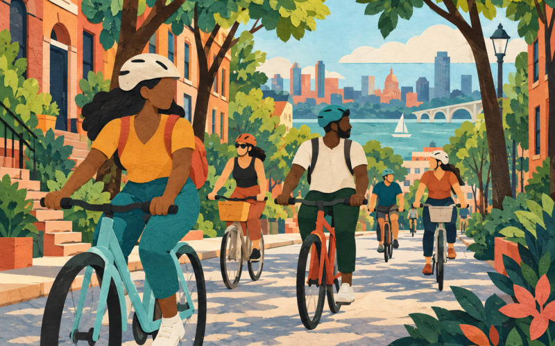 Ilustración conceptual de un grupo de personas que recorren en bicicleta una calle arbolada. Generada con inteligencia artificial.