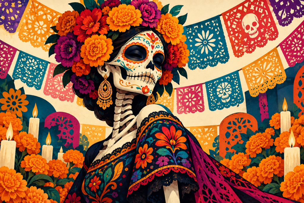 Ilustración conceptual de una catrina con tocado de flores y papel picado. Generada con inteligencia artificial.
