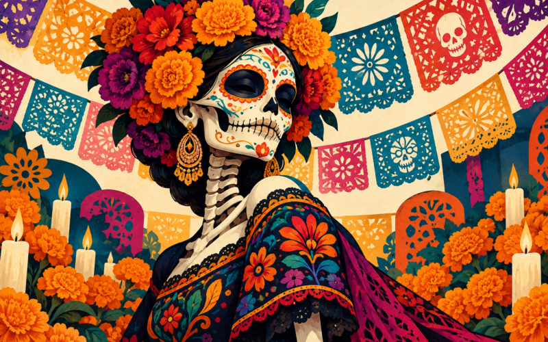 Ilustración conceptual de una catrina con tocado de flores y papel picado. Generada con inteligencia artificial.
