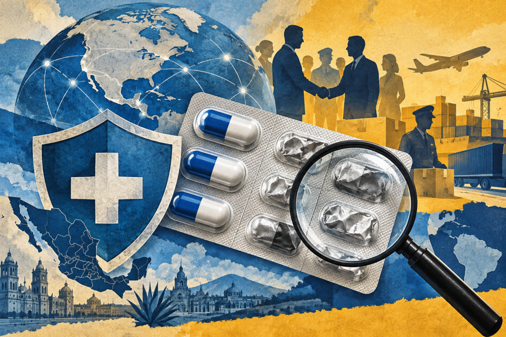 Ilustración conceptual de una lupa sobre medicamentos y un escudo de protección. Generada con inteligencia artificial.