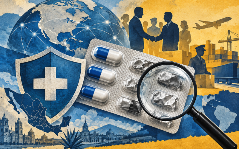 Ilustración conceptual de una lupa sobre medicamentos y un escudo de protección. Generada con inteligencia artificial.