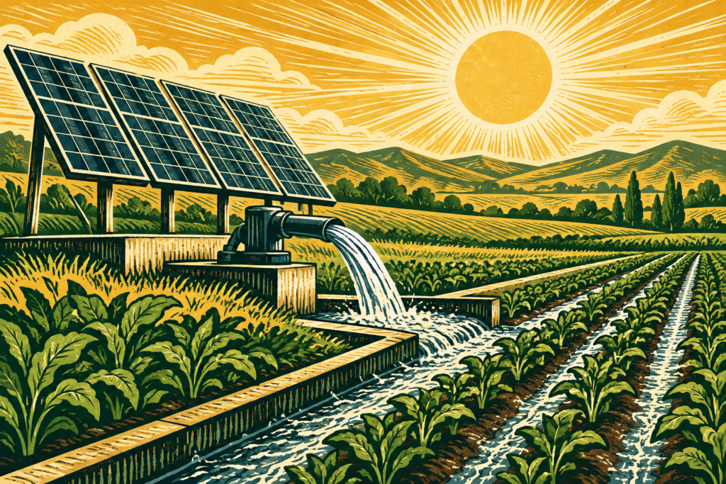 Ilustración conceptual de paneles solares y bombeo de agua para riego. Generada con inteligencia artificial.