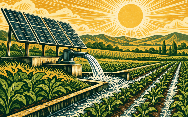 Ilustración conceptual de paneles solares y bombeo de agua para riego. Generada con inteligencia artificial.