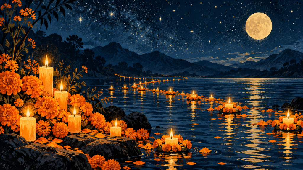 Ilustración generada con inteligencia artificial: velas y cempasúchil en un lago imaginario de noche.