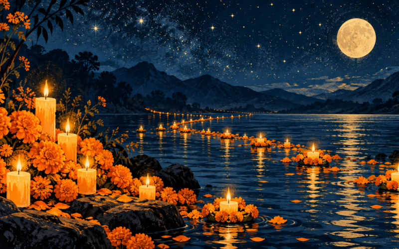 Ilustración generada con inteligencia artificial: velas y cempasúchil en un lago imaginario de noche.