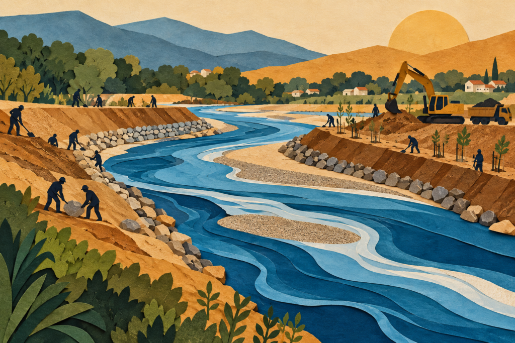 Ilustración conceptual generada con inteligencia artificial de trabajos de protección de un río en una comunidad.