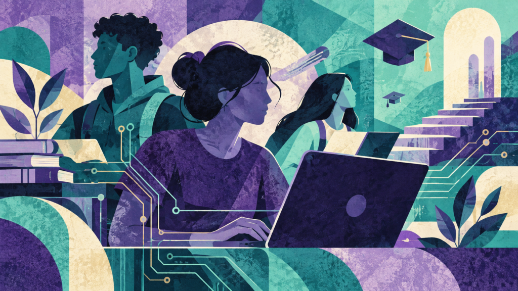 Ilustración conceptual de estudiantes con computadoras y patrones de circuitos. Generada con inteligencia artificial.