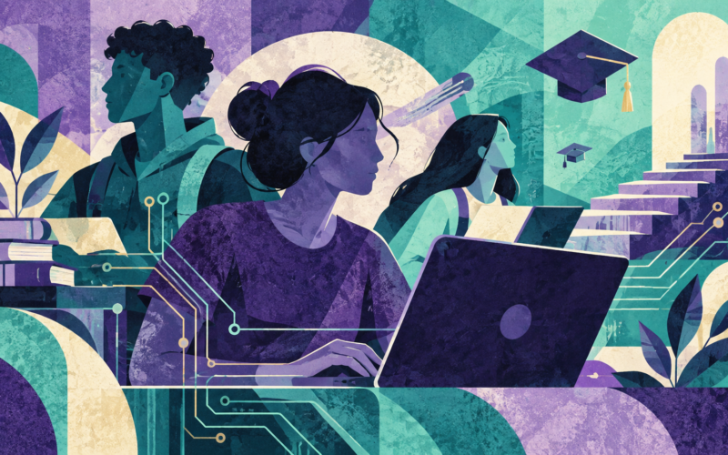 Ilustración conceptual de estudiantes con computadoras y patrones de circuitos. Generada con inteligencia artificial.