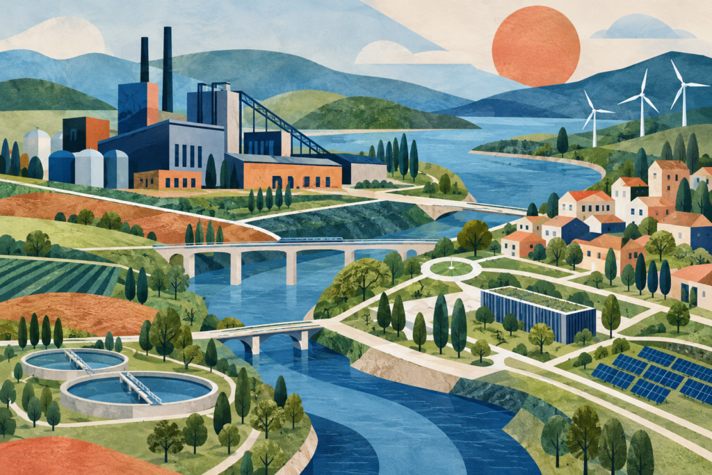 Ilustración conceptual de industria, vivienda e infraestructura en un paisaje regional. Generada con inteligencia artificial.