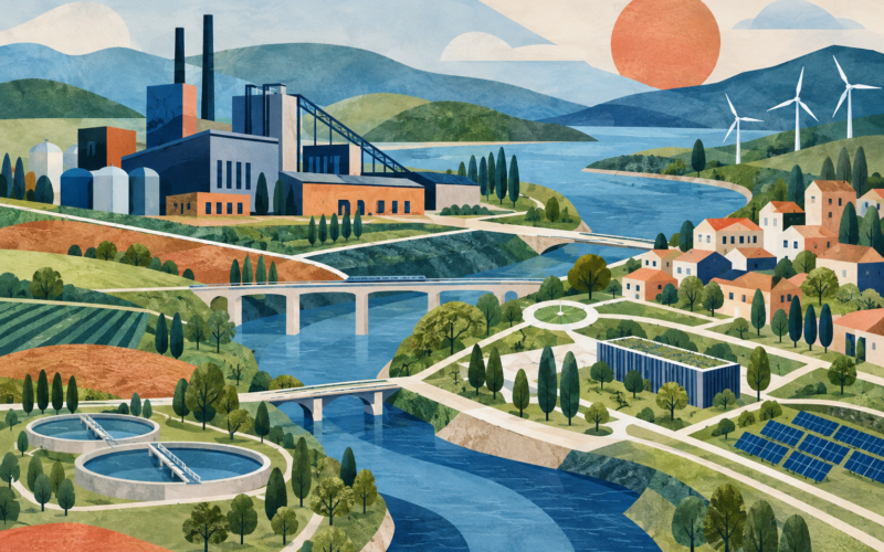 Ilustración conceptual de industria, vivienda e infraestructura en un paisaje regional. Generada con inteligencia artificial.