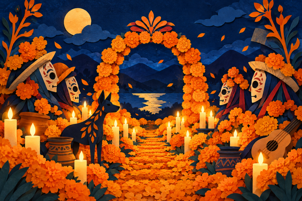 Ilustración conceptual de un arco de flores, velas y máscaras alusivas a Xantolo. Generada con inteligencia artificial.