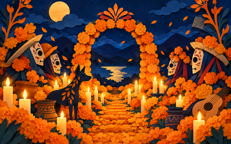 Ilustración conceptual de un arco de flores, velas y máscaras alusivas a Xantolo. Generada con inteligencia artificial.