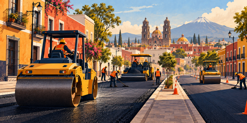 Ilustración generada con inteligencia artificial de maquinaria pavimentando una calle genérica.