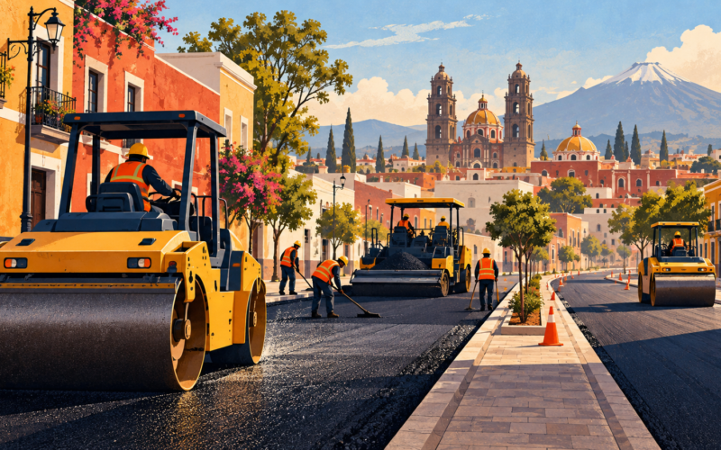 Ilustración generada con inteligencia artificial de maquinaria pavimentando una calle genérica.