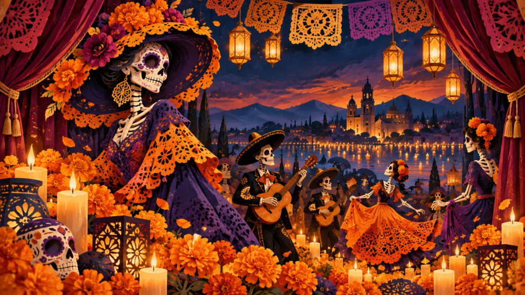 Ilustración generada con inteligencia artificial: catrinas, flores de cempasúchil y un escenario festivo.