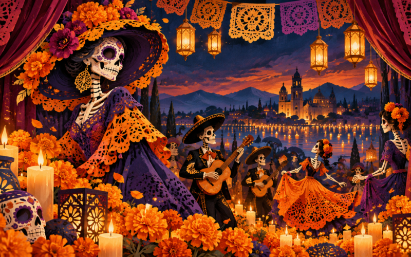Ilustración generada con inteligencia artificial: catrinas, flores de cempasúchil y un escenario festivo.